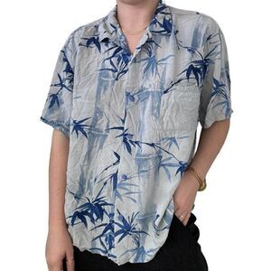 Vintage Jams World Womens Blue Tropical Palm Tree Hawaiian Button Down Sz XL